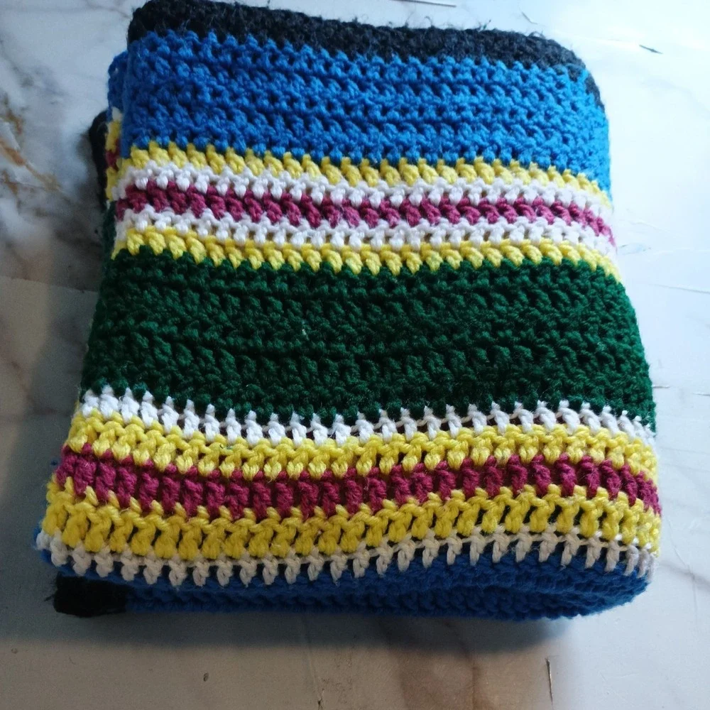 Vintage Handmade Crochet throw blanket multicolor 61in*24in Cottagecore Heavy XL